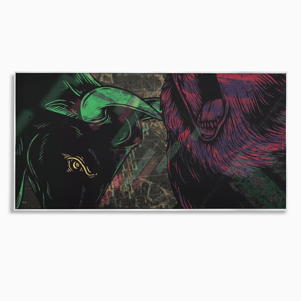 Tablou canvas cu ilustratie digitala cu taur si urs, in rama de aluminiu argintiu